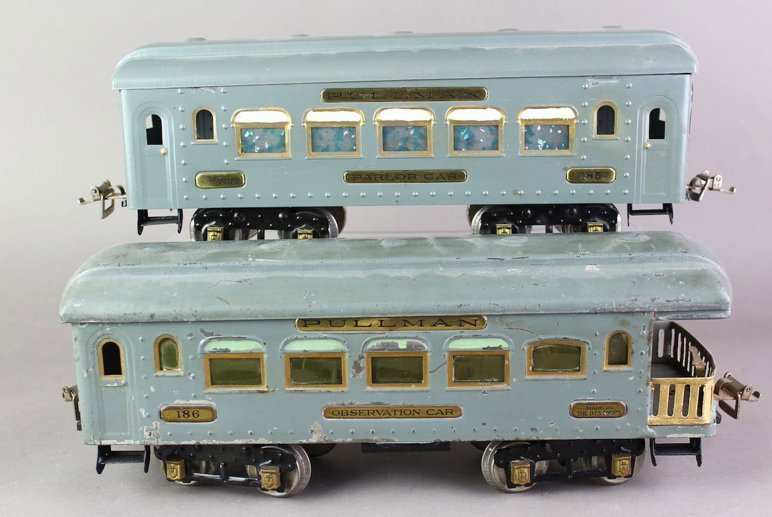 Ives Standard Gauge Passenger Cars 185, 186: Ives Standard Gauge Passenger Cars in baby blue. Passenger 185, 186.