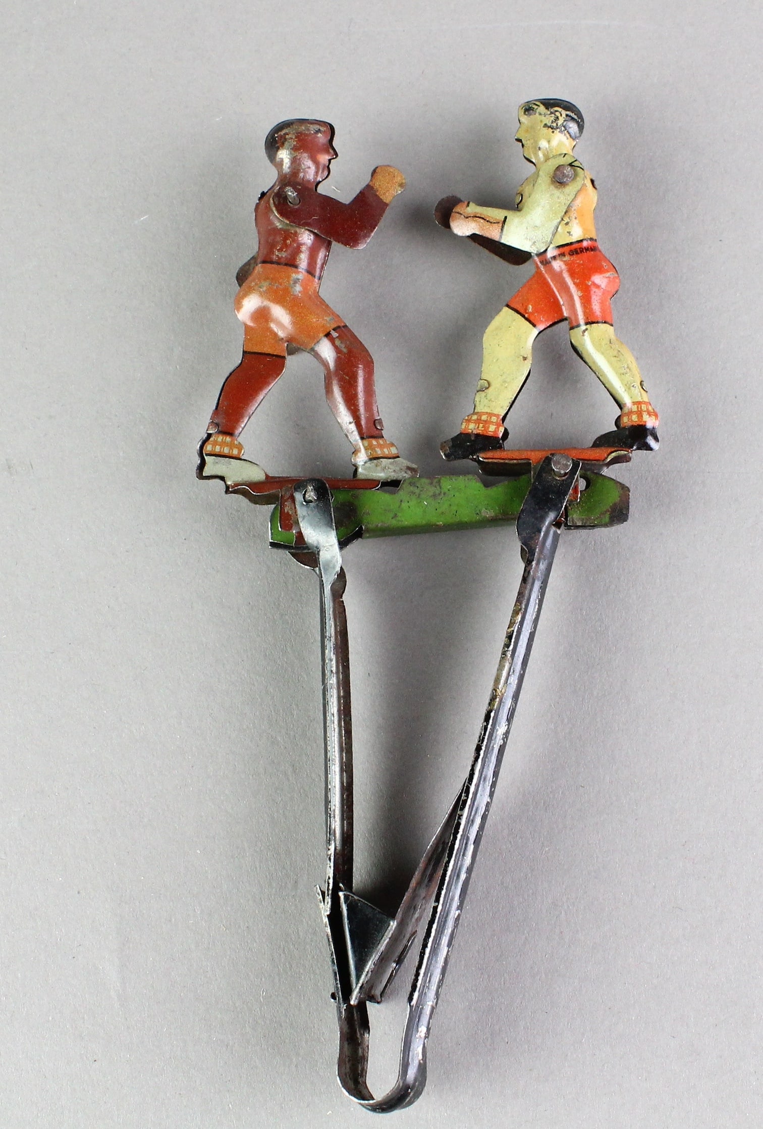 German Tin Penny Toy Boxers Jack Johnson & Jim Jeffries: German Tin Penny Toy Boxers. African American and white boxers representing Jack Johnson vs. Jim Jeffries known as "The Great White Hope". Racially charged boxing match in which Johnson TKOed Jeffries