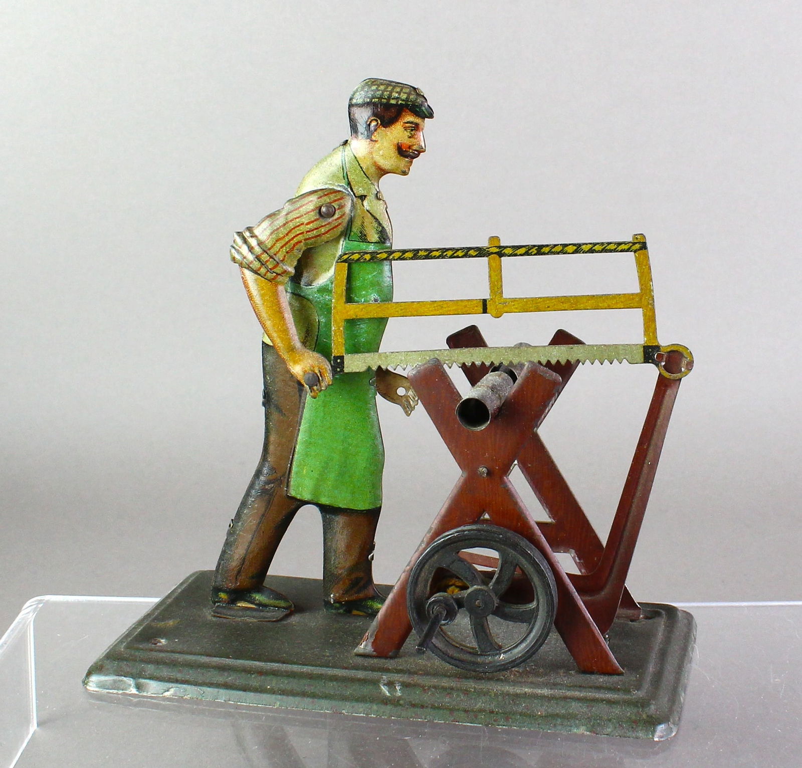 Bing German Tin Sawyer Worker Steam/Crank Toy: Bing German Tin Sawyer Worker Steam/Crank Toy. Excellent working toy of man sawing.