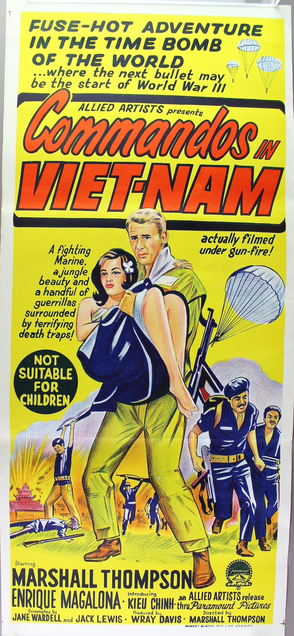 1960s Sensation Film Commandos in Viet-Nam Poster: 1960s Film Commandos in Viet-Nam Poster. Early exploitation film from the beginning of the Viet-Nam war. Little known about this film. Poster is in excellent condition, 13 x 30 inches.