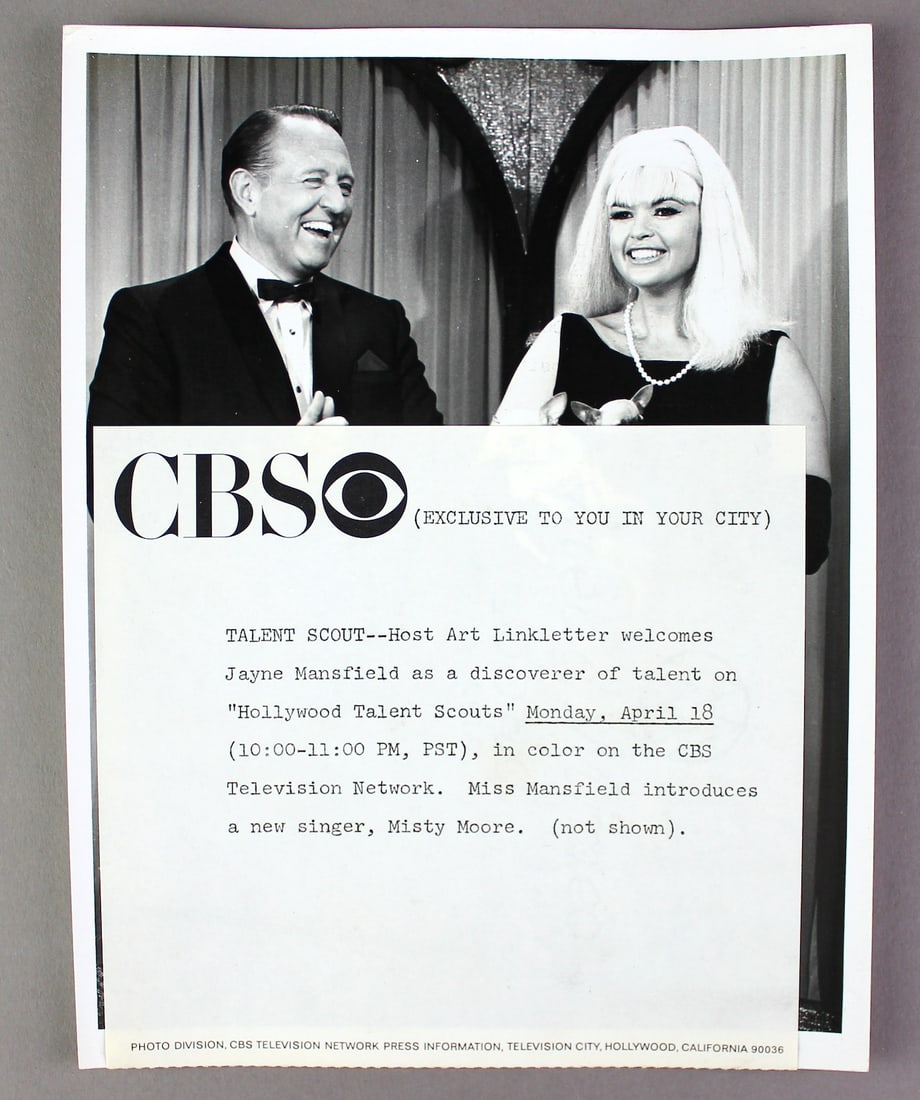 Jayne Mansfield CBS Press Release Promo: Jayne Mansfield CBS Press Release Promo for Art Linkletter Talent Show. Mansfield was a draw for the show to announce new talent. Mint original release 8x 10.