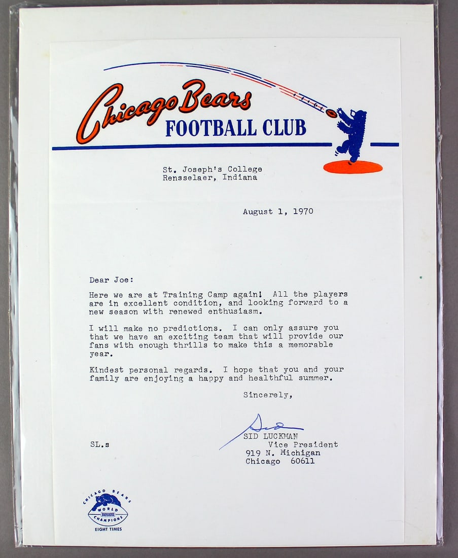 Sid Luckman Chicago Bears Signed Letter Bears Stationery: Sid Luckman Chicago Bears Signed Letter on great Bears official stationery. Clear, clean original!