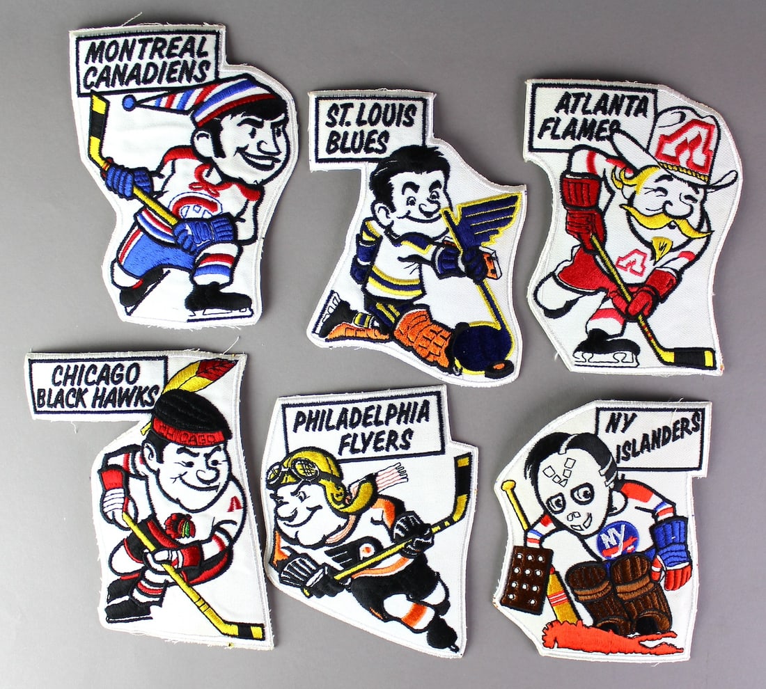 Vintage Large Pro Hockey Patches Mint Embroidered: Original Sew on Jacket/Jersey Embroidered Hockey Team Patches- Atlanta Flames, Chicago Black Hawks, Montreal Canadians, NY Islanders, Philadelphia Flyers, St. Louis Blues. 6 Mint full size patches, ab