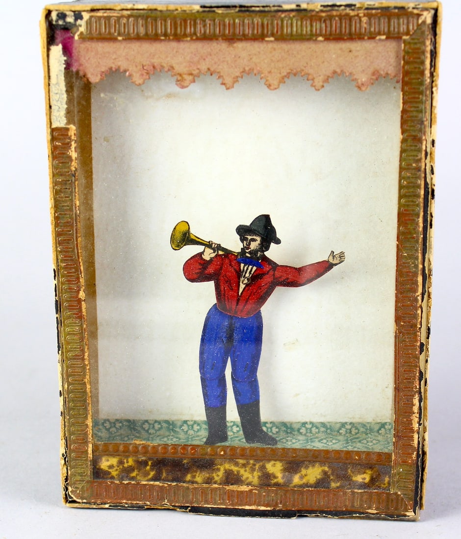 1890s Dancing Man in Picture Box: 1890s Dancing Man in Picture Box. Chalk dancer - turn box upside down and sand powers the dancer to do a jig.