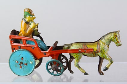1920s German Tin Nickel Toy Trumpet Player & Horse Cart