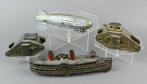 Cast Iron WWI Tank, Zeppelin & Ship Banks