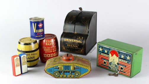 Tin Toy Banks Including Veedol Gasoline & Dodge