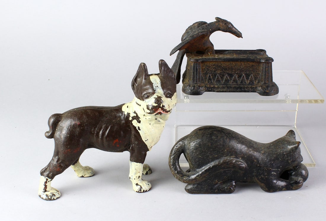 Cast Iron Bulldog, Cat and Bird Still Banks (1 of 3)