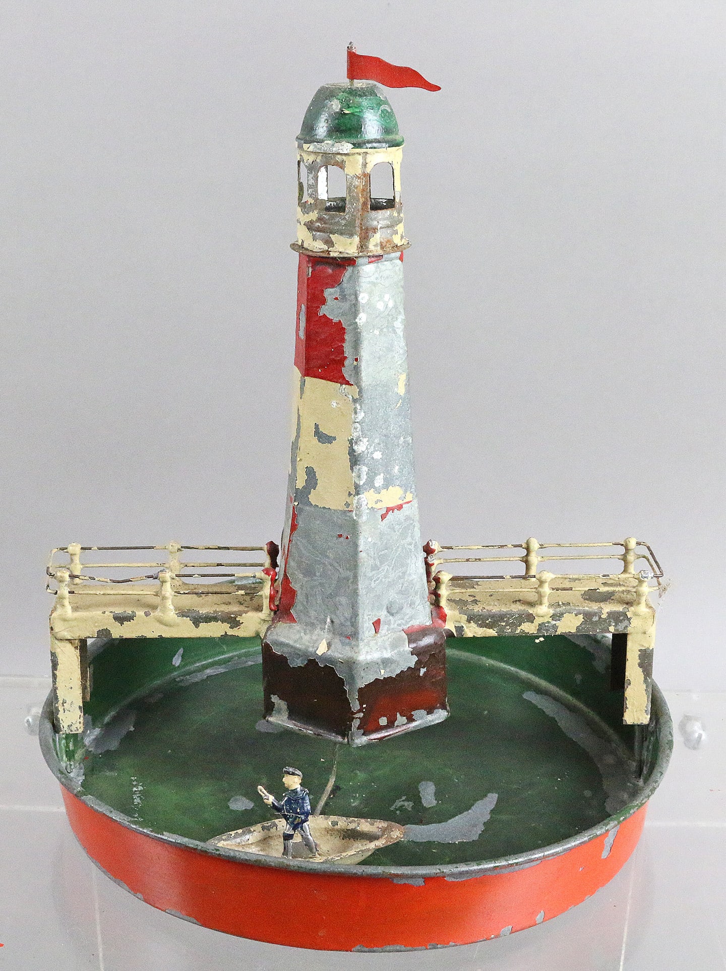German Wind Up Tin Litho Lighthouse w Circling Boat (1 of 2)