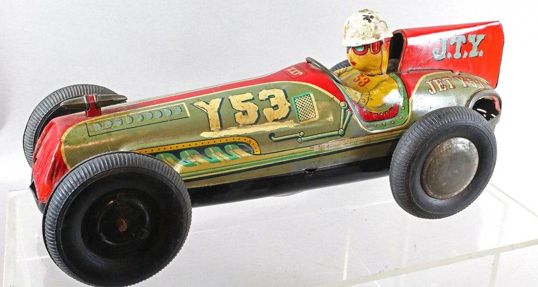 Modern Toys Jet Y 53 Tin Friction Race Car: Modern Toys Jet Y 53 Tin Friction Race Car 12 inches some paint touch up Rare and desirable