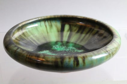 Fulper Shallow Vase Tourmaline and Mocha w Metalflake