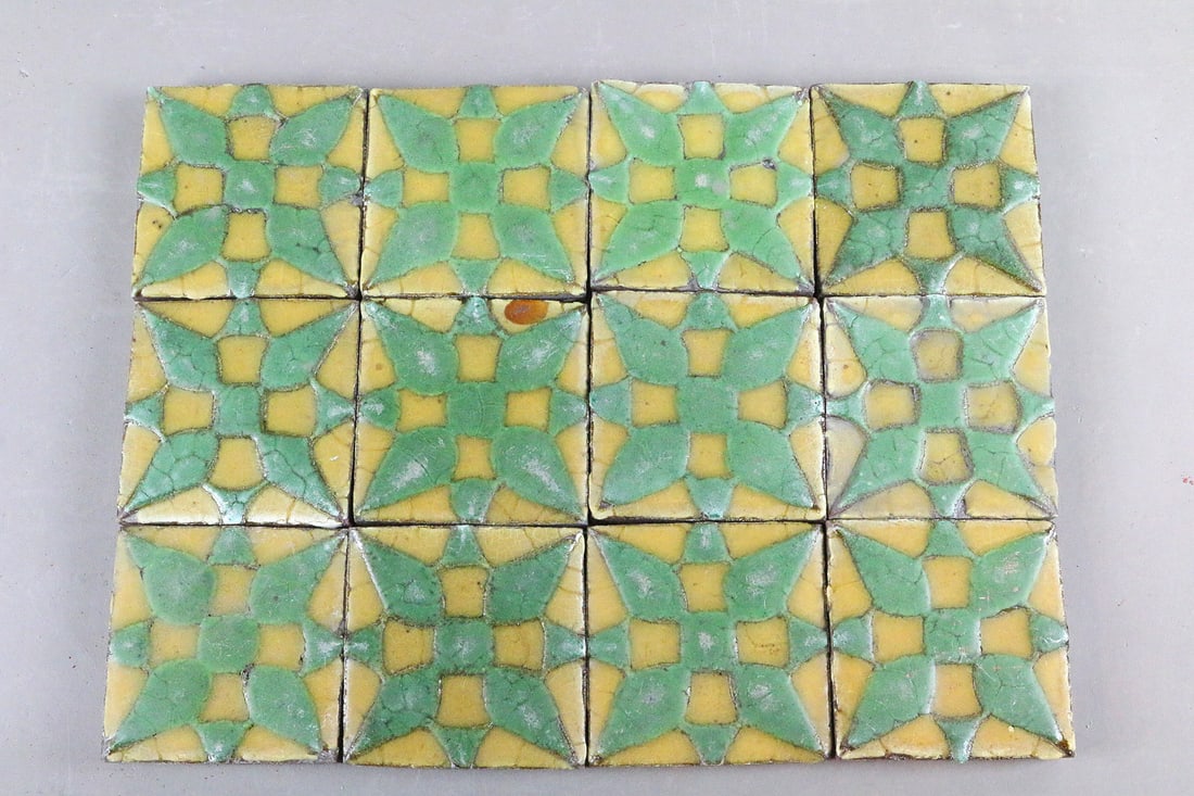 Grueby Green on Mustard 3x3 Tile Lot: Grueby Green on Mustard 3x3 Tile Lot 12