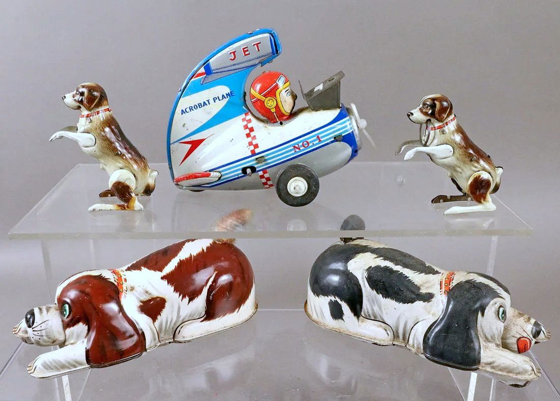 Japan Tin Alps Acrobat Jet Plane & 4 Dogs Japan Germany: Japan Tin Alps Acrobat Jet Plane & 4 Dogs Japan Germany 3, 5, 6 inches