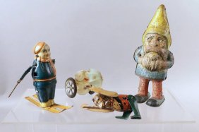 German Wind Up Lot- Skiing Girl, Celluloid Dog & Cat Tin