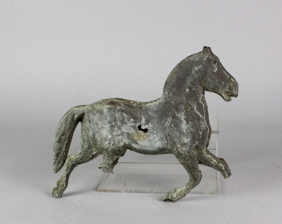 Trotting Copper Horse For Weather Vane: Trotting Copper Horse For Weather Vane. Missing part of legs, some bullet holes. Probable 19th century. About 13 inches long.