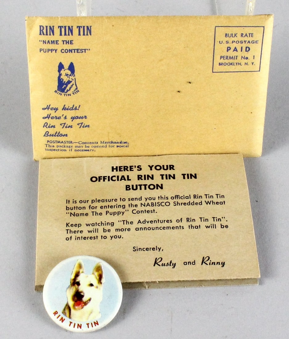 Rin Tin Tin Name the Puppy Contest Mint Pinback Button and Envelopes: Rin Tin Tin Name the Puppy Contest Mint Official Rin Tin Tin Pinback Button and Envelopes. Near mint unused set in the original envelope never mailed!