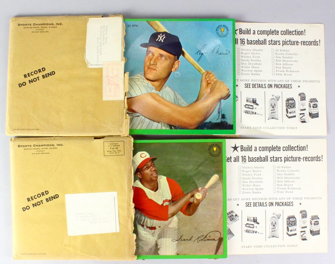 Roger Maris & Frank Robinson Picture Records Mint in Package: Roger Maris & Frank Robinson Picture Records Mint in Package. Wow! Color 33 1/3 RPM Sports records in the original mailers of Roger Maris and Frank Robinson. Never played scarce picture disc records.