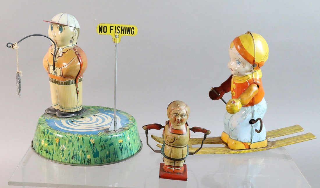 German Japan Tin Litho Skier Wind Up Lot (1 of 2)