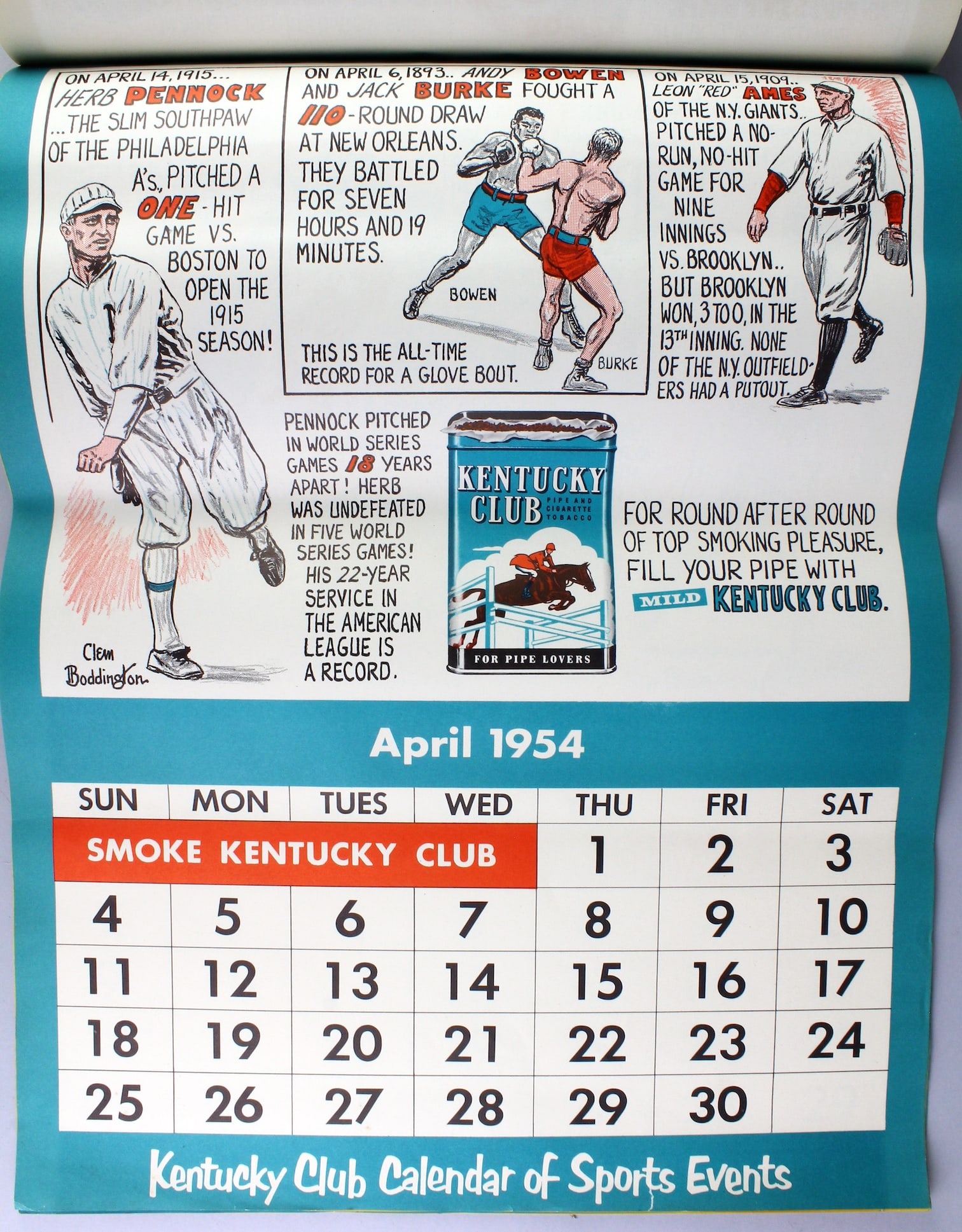 1953-1954 Kentucky Club & Mail Pouch Tobacco Baseball Calendar (1 of 1)