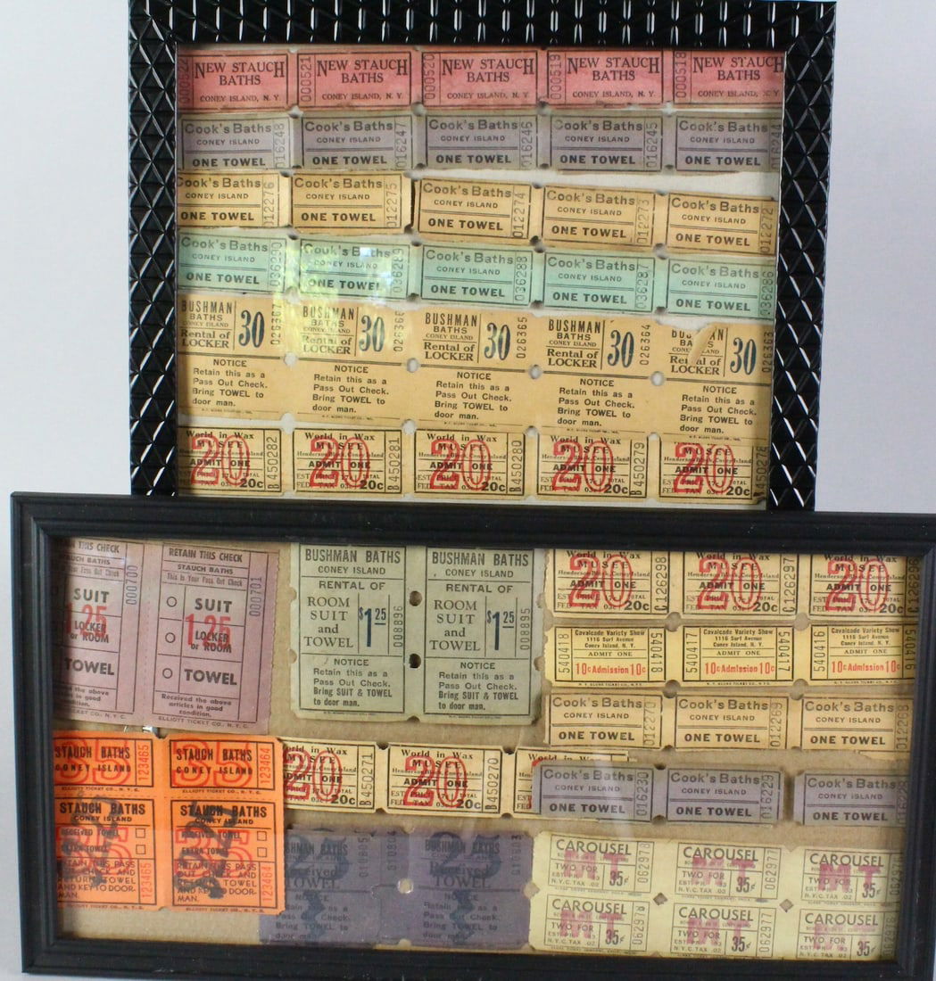 1900s Coney Island NY Tickets- Wax Museum, Bath House: 1900s Coney Island NY Tickets. Original concession tickets for various Bath Houses, Room Suit and Towel, Carousel, Lockers, Cook\'s Baths, World in Wax etc. Excellent overall condition, some reflectio