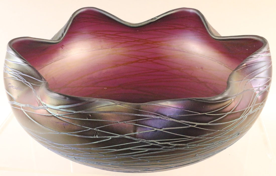 Loetz Purple Iridescent Bowl: Loetz or Wilhelm Kralik Purple Iridescent Art Glass Bowl, blue striated accents, 10x4, no chips
