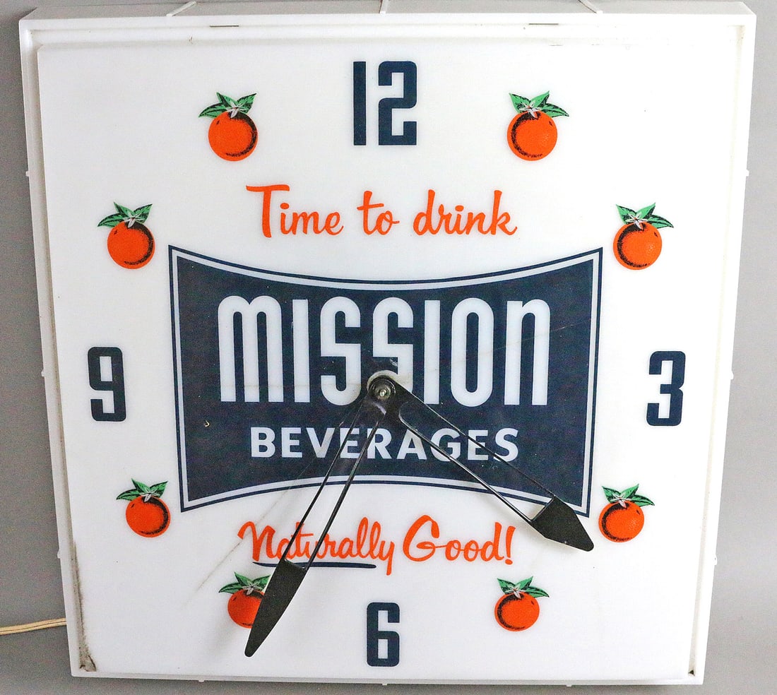 Mission Orange Advertising Clock: Mission Orange Advertising Clock, 16x16, works, some cracks in plastic