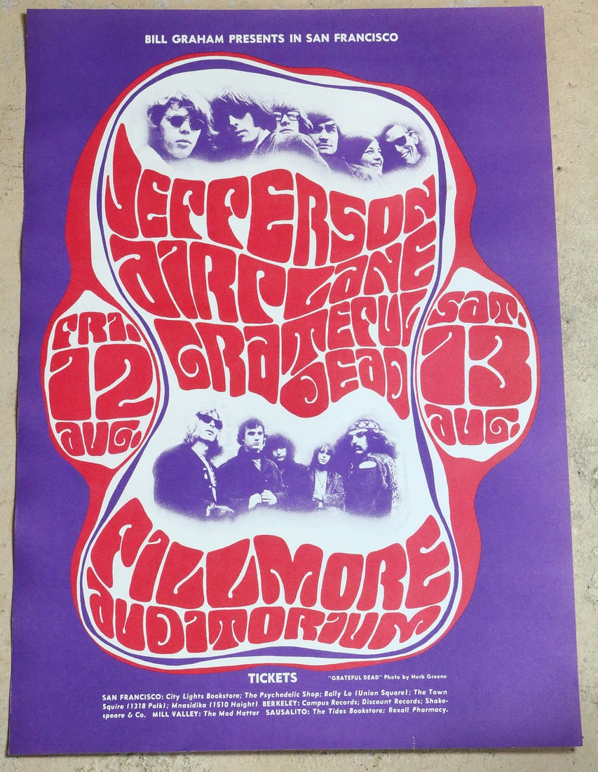 Jefferson Airplane Grateful Dead 1960s Printing Poster EX (1 of 2)