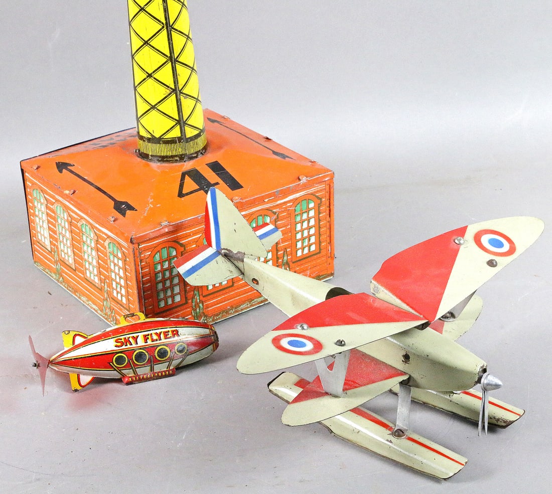 Tin Litho Airmail Hangar Flying Toy Bi Plane (1 of 3)