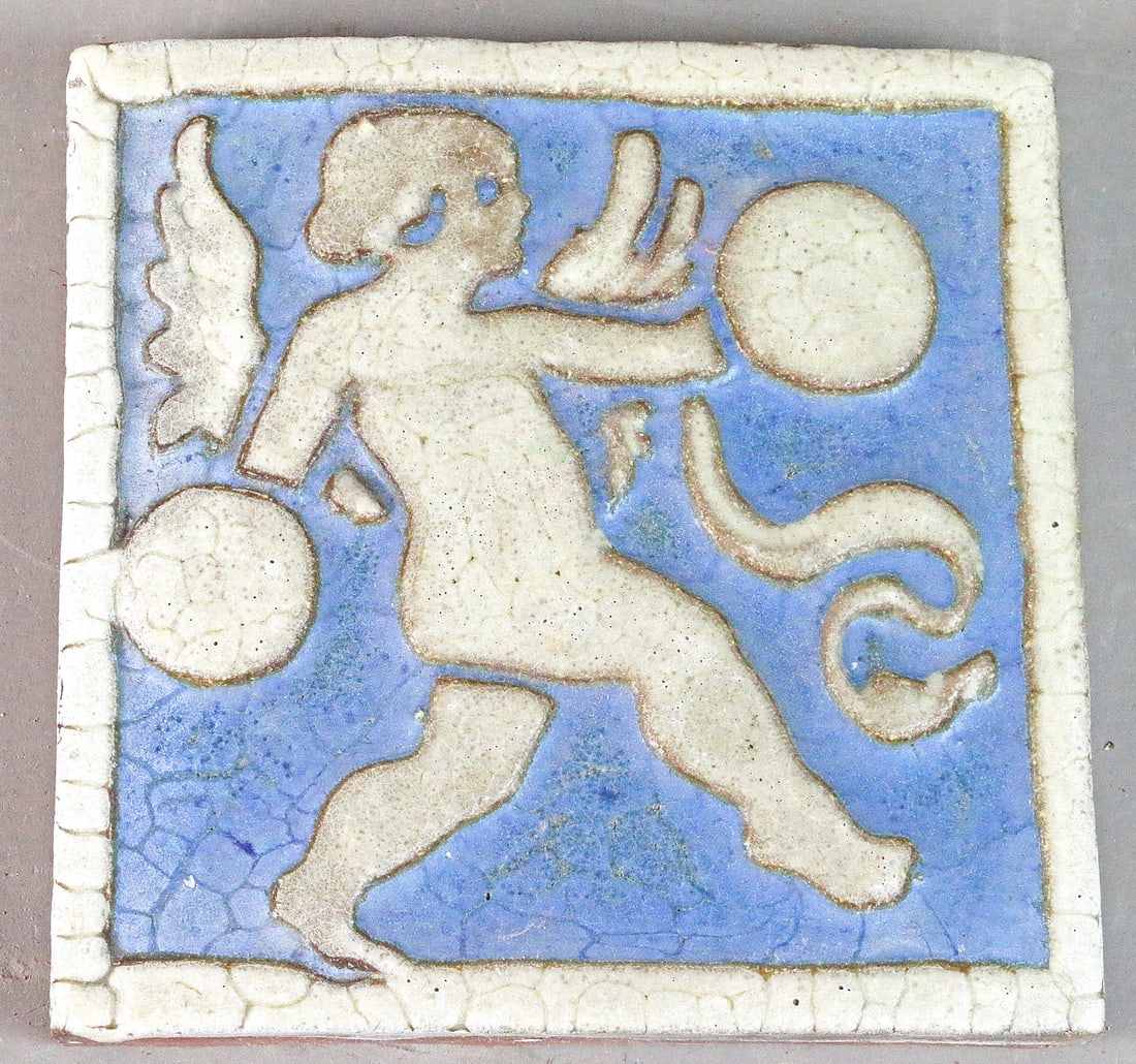 Grueby Pottery  Cupid Tile Grey on Blue 6x6 (1 of 2)