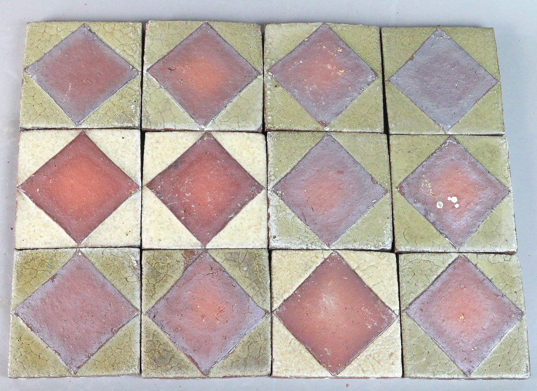 Grueby Pottery Red Rust over Olive 4x4 Tile Lot 12: Grueby Red Rust over Olive 4x4 Tile Lot 12