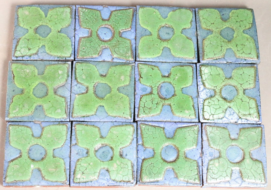 Grueby Pottery Green Over Blue 3x3 Tile Lot 12: Grueby Green Over Blue 3x3 Tile Lot 12