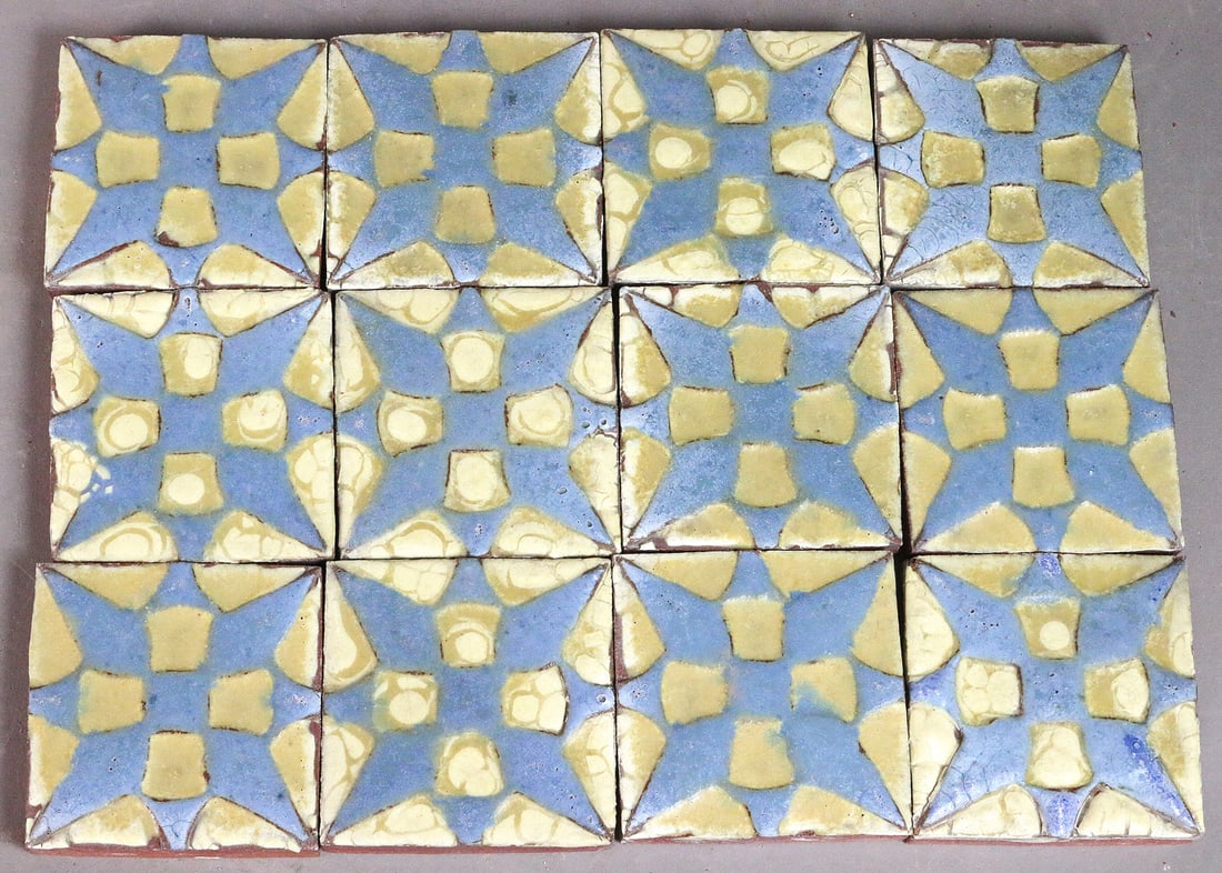 Grueby Pottery Blue over Mustard 3x3 Tile Lot 12: Grueby Blue over Mustard 3x3 Tile Lot 12