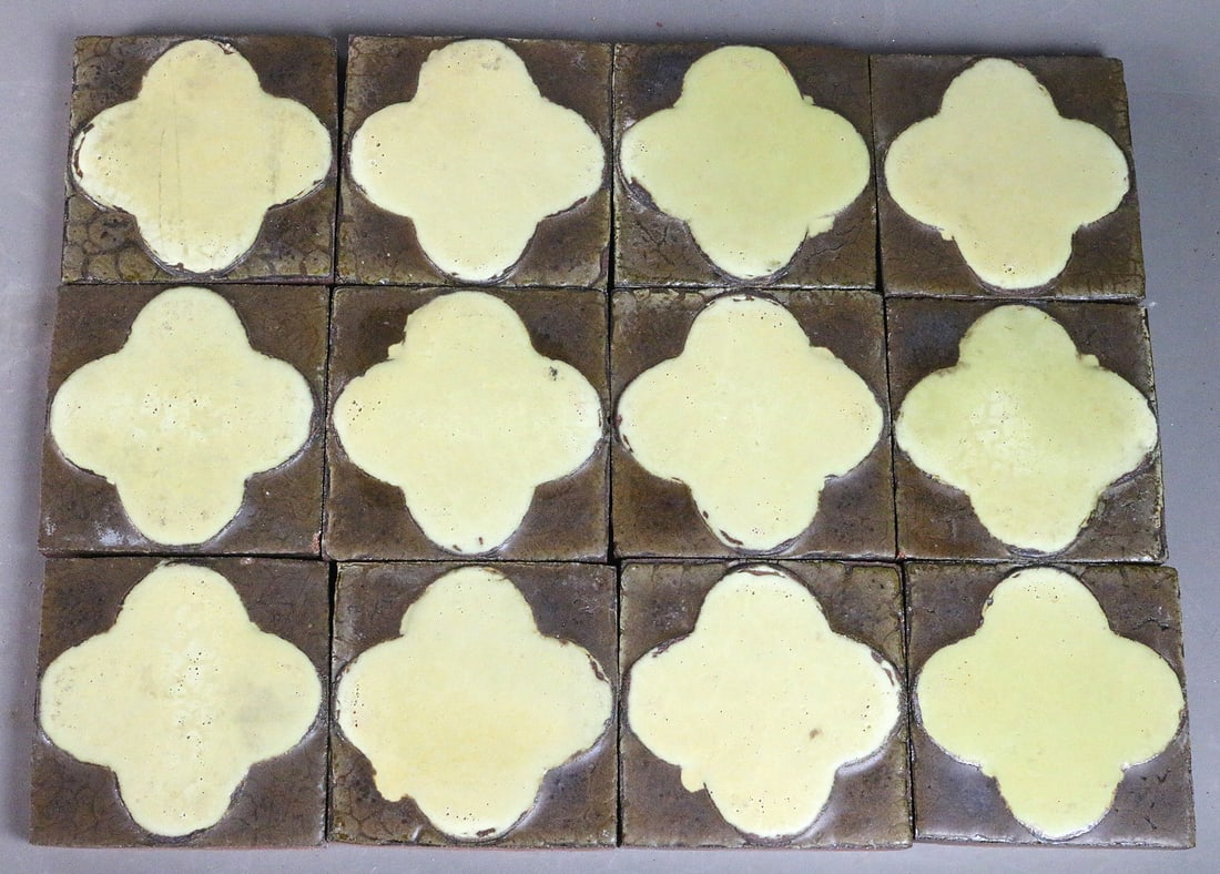 Grueby Pottery Yellow ovr Mottled Brown 4x4 Tile Lot 12: Grueby Yellow ovr Mottled Brown 4x4 Tile Lot 12