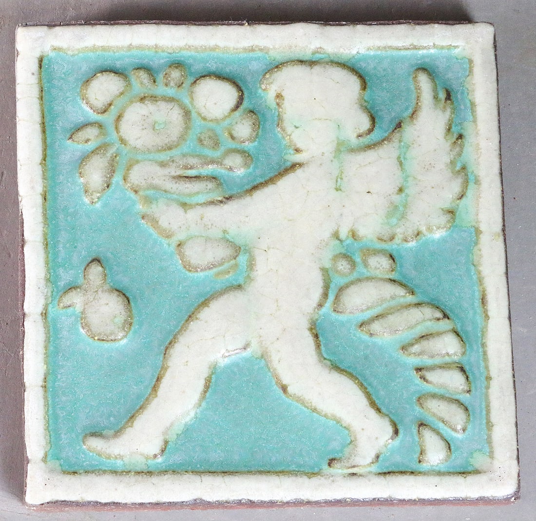 Grueby Pottery  Cupid Tile Ivory/ Pale Green 6x6 (1 of 2)