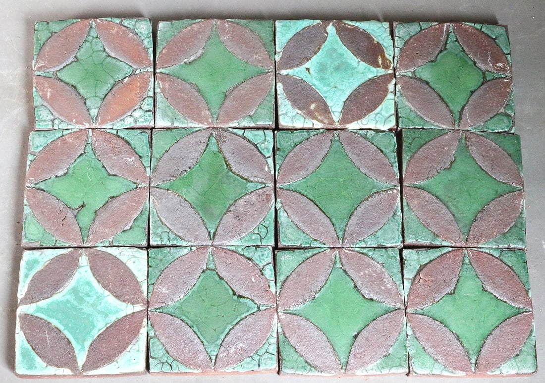 Grueby Pottery Green and Rust 3x3 Tile Lot 12: Grueby Green and Rust 3x3 Tile Lot 12