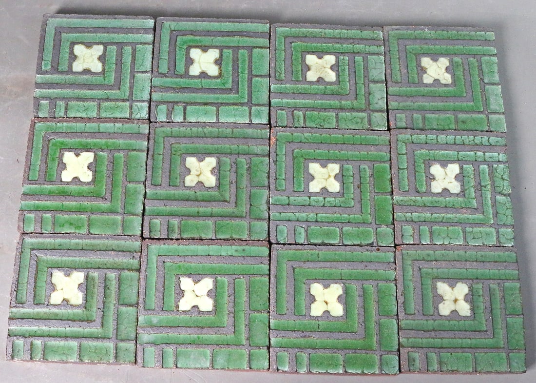 Grueby Pottery Green and Ivory 4x4 Tile Lot 12 (1 of 2)