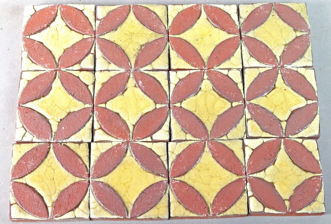 Grueby Pottery Mustard and Brown 3x3 Tile Lot 12: Grueby Mustard and Brown 3x3 Tile Lot 12
