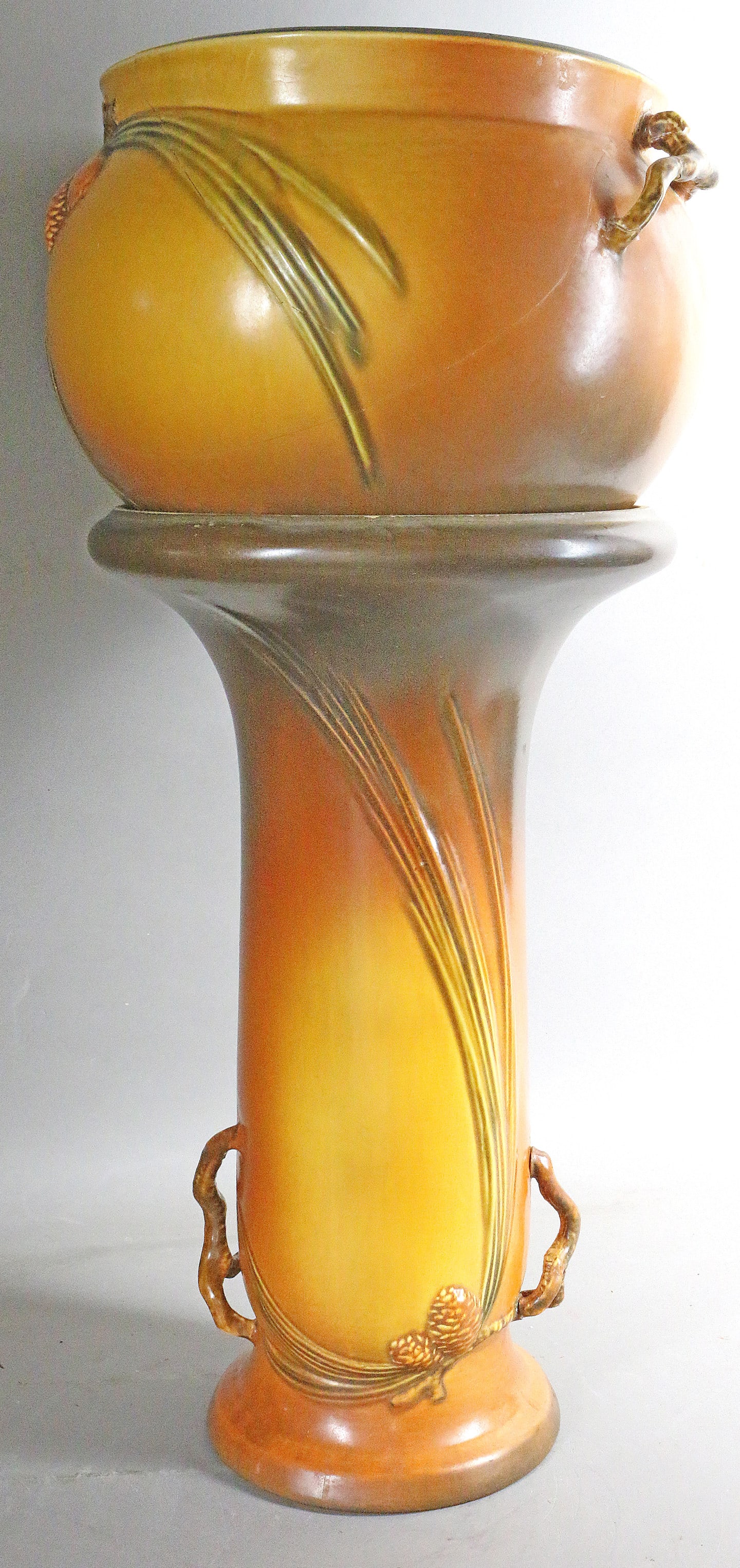 Roseville 262-8 Pine Cone Vase: Roseville 262-8 Pinecone Ped and Jardinière 25 inches numerous repaired cracks and repairs displays nicely!