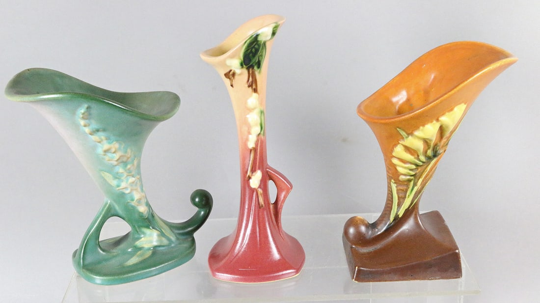 Roseville Vase Lot: Roseville Vase Lot, Foxglove, Freesia, Snowbeery 163-6 197-6 Ibu-7