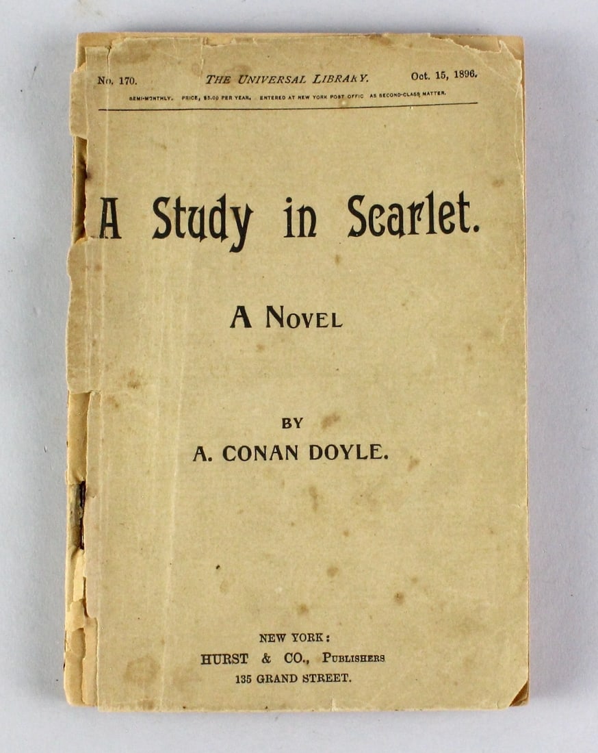 A Study In Scarlet. A Novel- Arthur Conan Doyle 1896: A Study In Scarlet. A Novel - Arthur Conan Doyle. Hurst Pub. NY 1896. The story marks the first appearance of Sherlock Holmes and Dr. Watson.