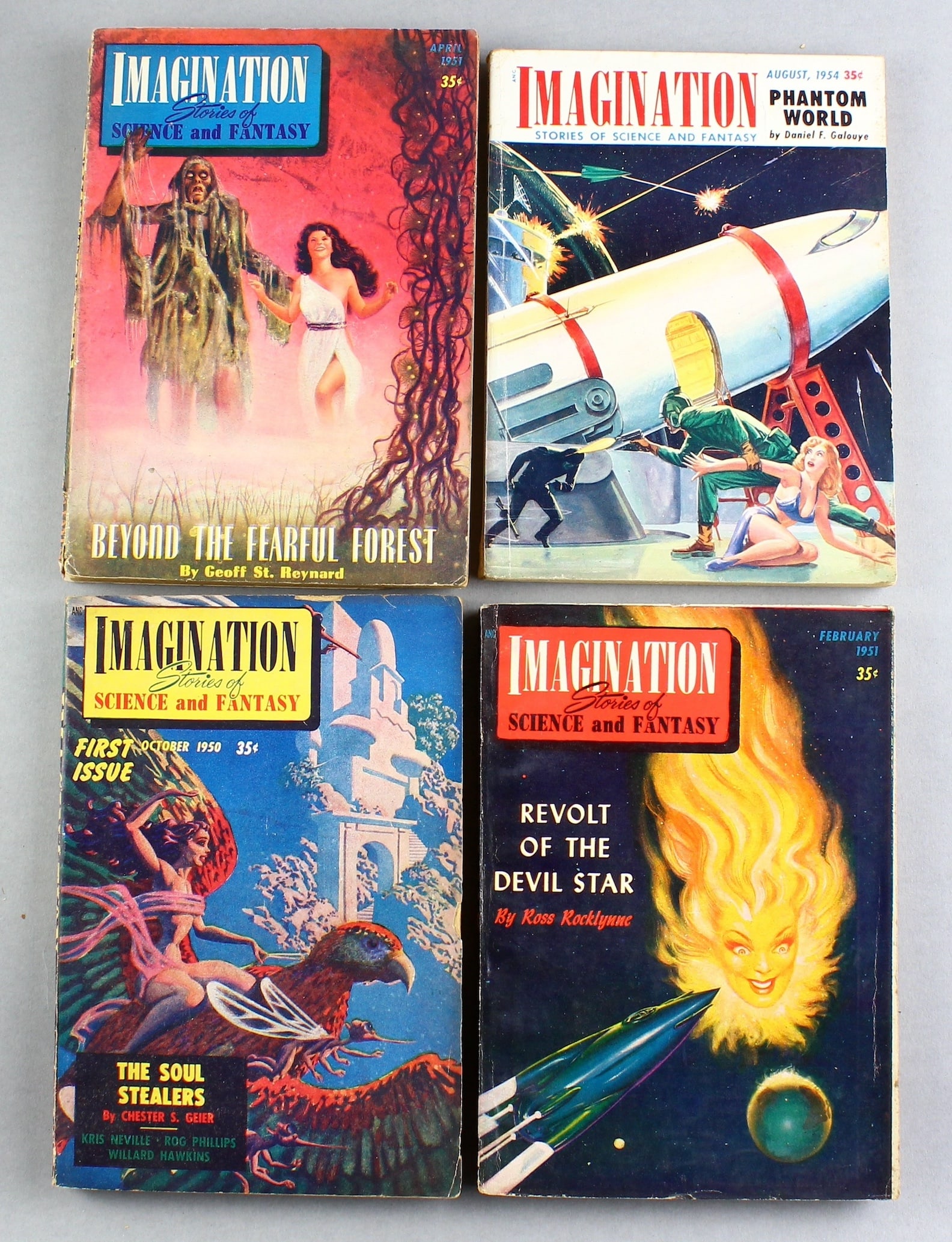 1950s Imagination Stories of Science & Fantasy 1, 3, 4, 33: 1950s Imagination Stories of Science & Fantasy. No. 1, 3, 4, 33. 4 Bright graphic issues 1950- 1954. Writers Bloch and Ray Bradbury are featured.