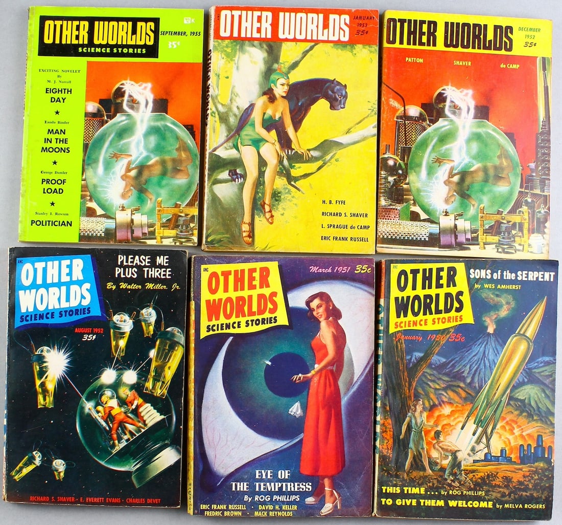 1950-1955 Other Worlds Science Fiction: 1950s Other Worlds Science Fiction, Science Stories with twice used cover art.