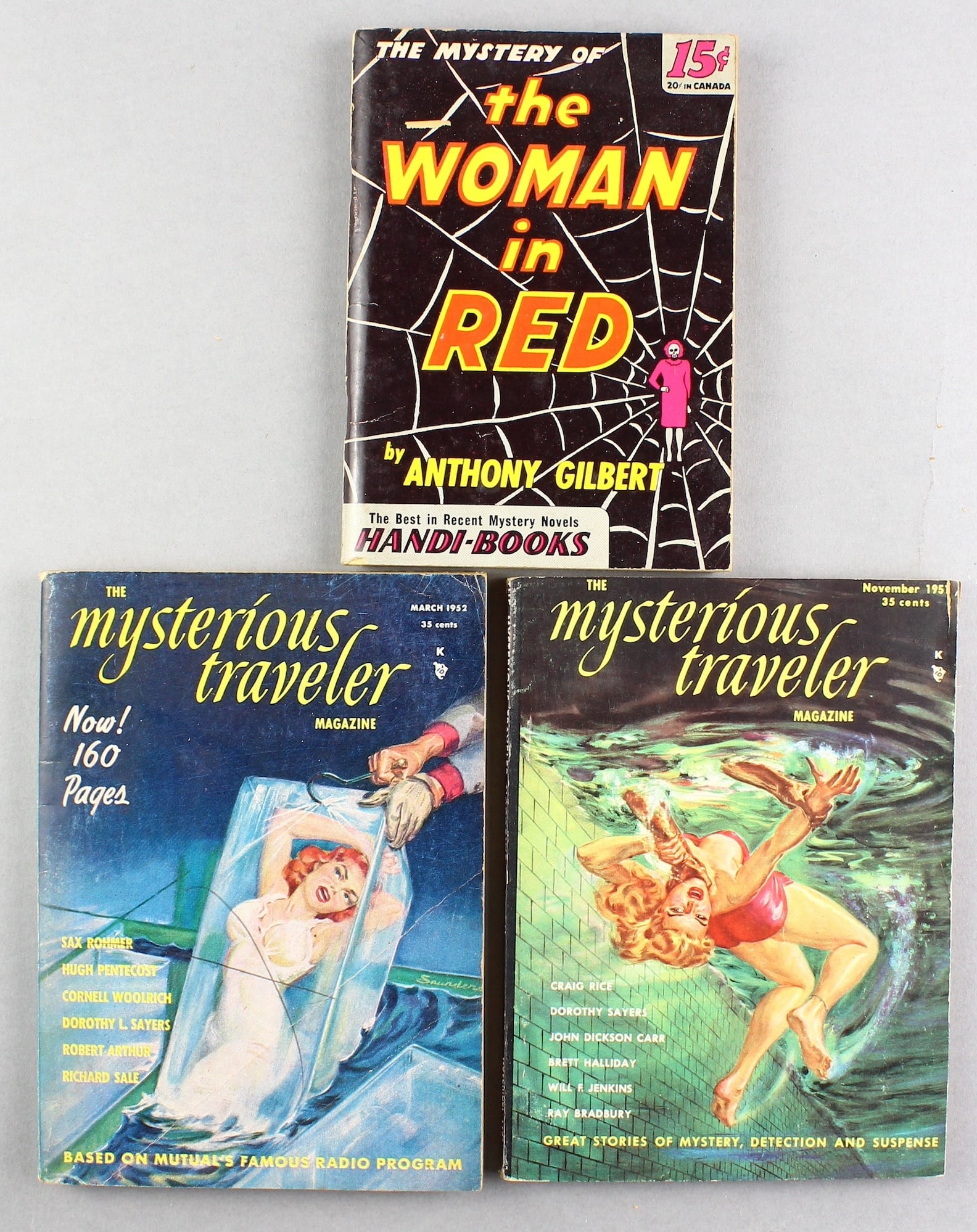 1950s Mysterious Traveler, Ray Bradbury, The Woman in Red: 1950s Mysterious Traveler Magazine with Ray Bradbury, Sax Rohmer, The Mystery of the Woman in Red by Anthony Gilbert, Handi-Books Mystery novel.