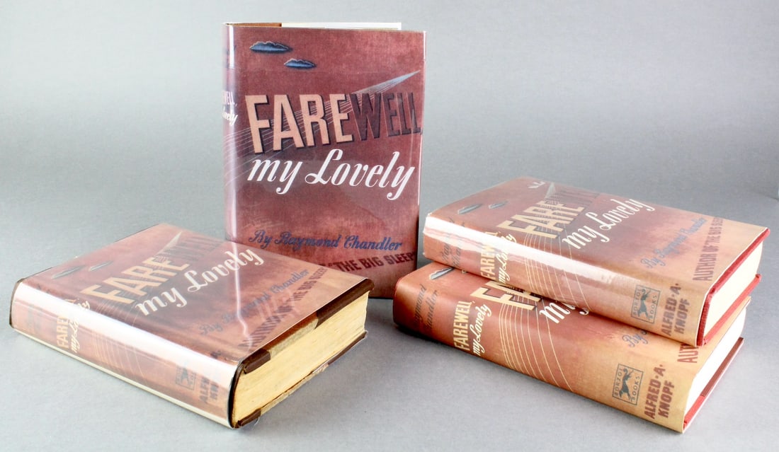 Raymond Chandler- Farewell My Lovely 1940 First Edition: Raymond Chandler- Farewell My Lovely 1940 First Edition. Top Row- Both First Editions, left is library WPA discard with ink stamps and spine damage. Right copy is good stable clean copy. Bottom row -