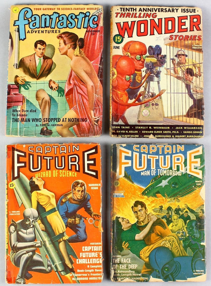 Captain Future, Thrilling Wonder, Fantastic Adventures Pulps: Captain Future Man of Tomorrow, Thrilling Wonder Stories, Fantastic Adventures Pulps. Fantastic cover of Martians filming humans in a cage! 1940s-1950s