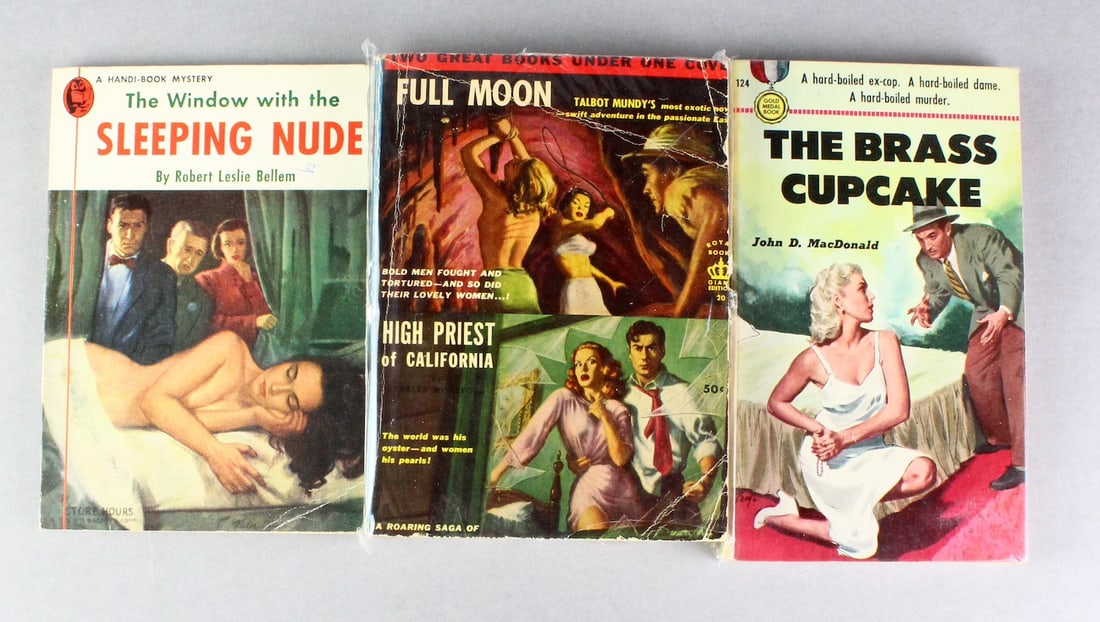 1935-1950 Pulps-The Brass Cupcake, Sleeping Nude, Full Moon & High Priest: John D. MacDonald - The Brass CupcakePublished by Gold Medal, New York, 1950 First Edition. Robert Leslie Bellem- The Window with the Sleeping NudePublisher: Quinn Publishing Company, Inc. (Handi-Book