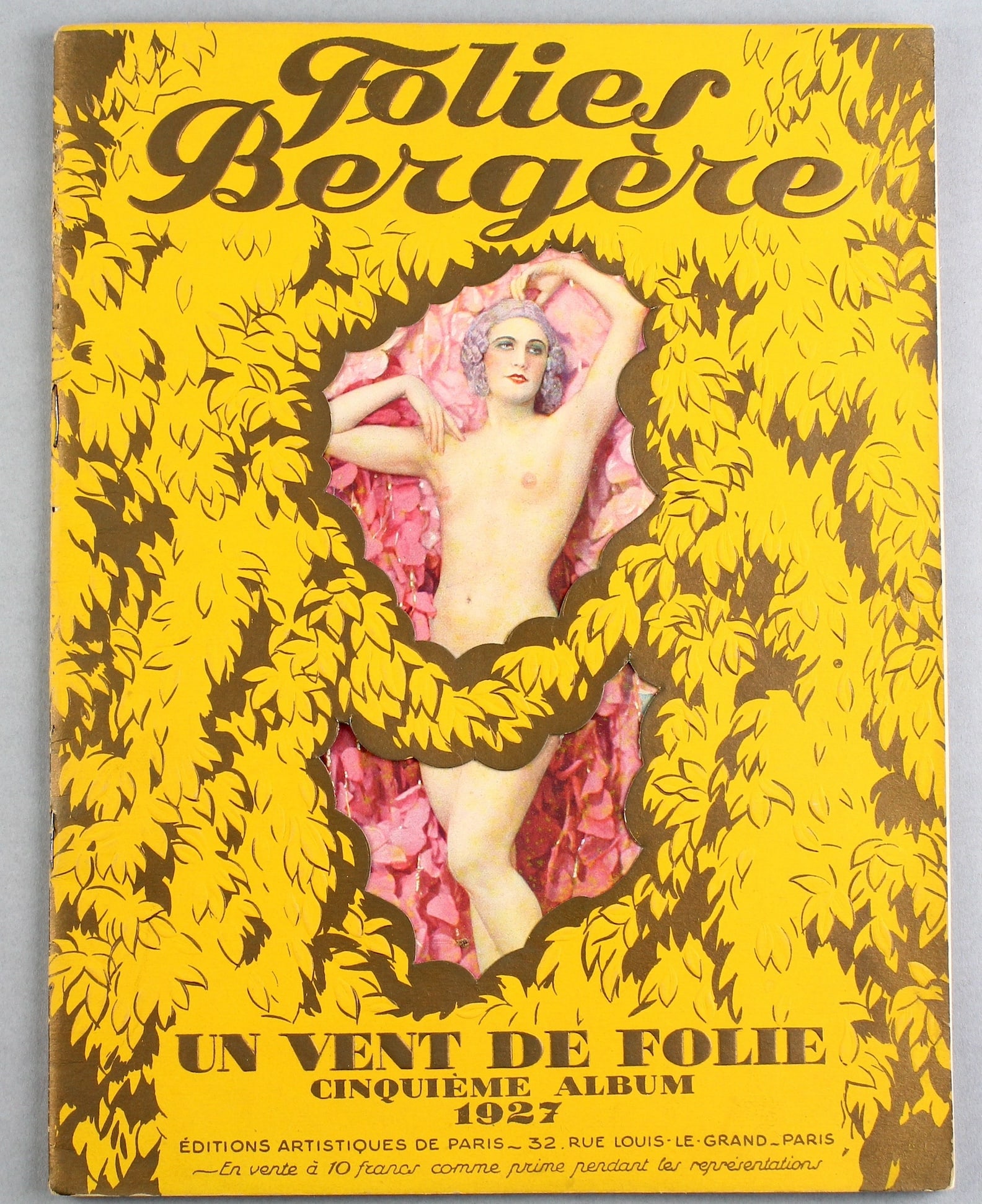 1927 Folies Bergere French Die Cut Album Josephine Baker: 1927 Folies Bergere French Die Cut Album Full of photos and Art Deco images of Josephine Baker and nudes and silent film icons. Excellent condition and large format with fantastic front page diecut ar