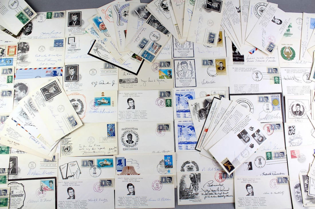 JFK First Day Covers Signed Collection: Nearly 100 signed postal First Day Covers themed as a memorial to John F. Kennedy. The covers are either Kennedy issued or personalities associated with Kennedy. Signatures include Nelson Rockefeller,