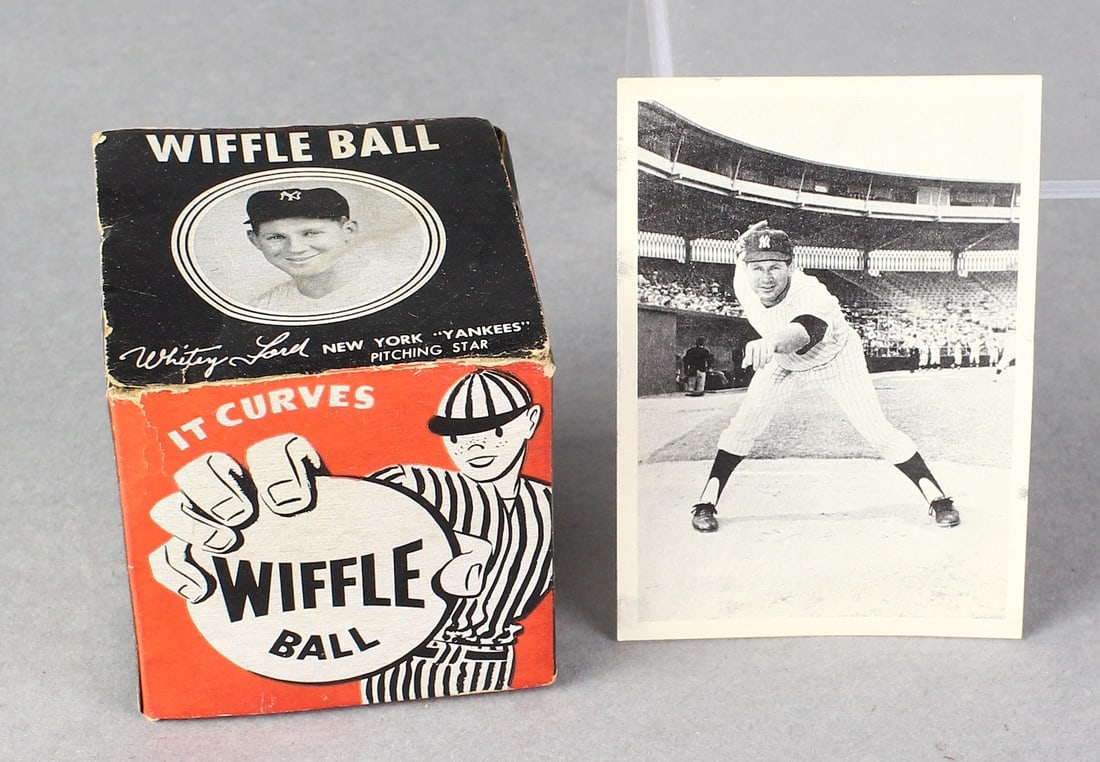 Whitey Ford Wiffle Ball in Box & Whitey Card: Whitey Ford Wiffle Ball in Box & Whitey Ford Don\'t Smoke Card from the Tuberculosis Disease Association. Rare box to the wiffle ball! Box top loose.