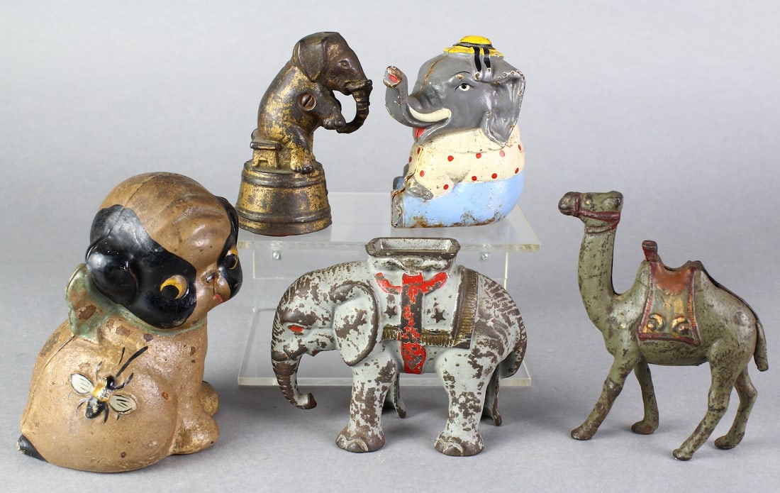 Elephants, Camel, Hubley Dog Banks: Elephants, Camel, Hubley Dog Banks. Tallest 5 inches.